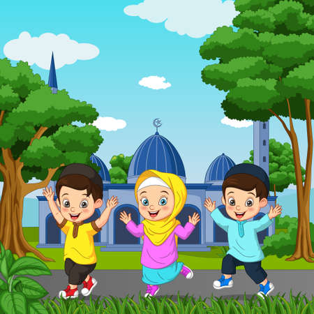 Happy Muslim kid cartoon in front of mosque backgroundのイラスト素材