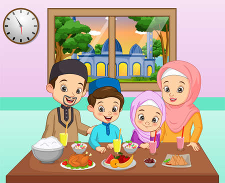 Cartoon happy Muslim family celebrating in Iftar partyのイラスト素材