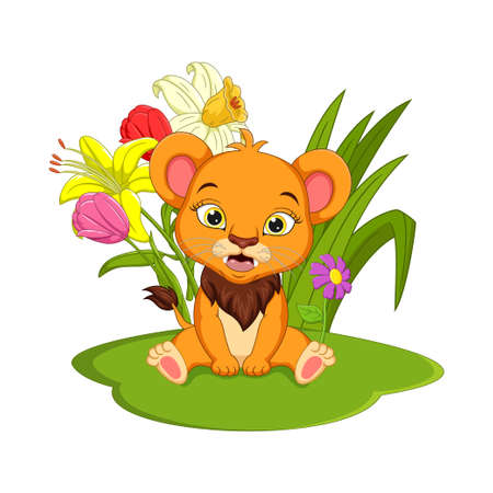 Cute baby lion cartoon sitting in the grassのイラスト素材