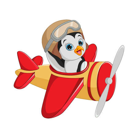 Cartoon little penguin operating a planeのイラスト素材