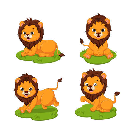 Set of cute baby lions cartoon in the grassのイラスト素材