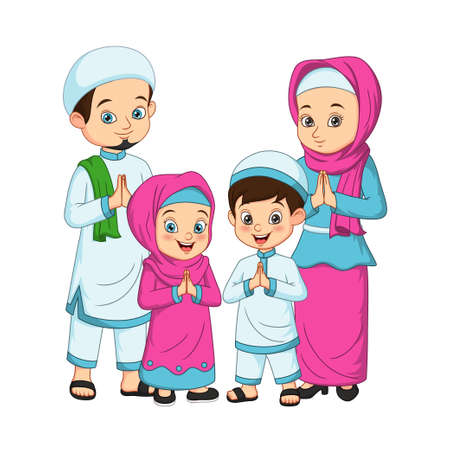 Eid mubarak greeting happy muslim family cartoonのイラスト素材