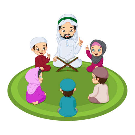 Muslim man and his students studying holy Quranのイラスト素材