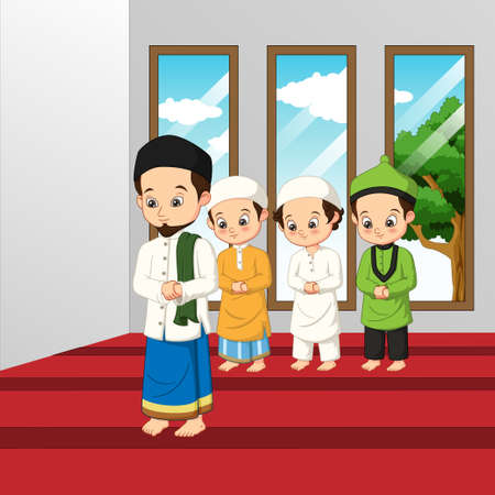 Muslim man and kid praying in a mosqueのイラスト素材