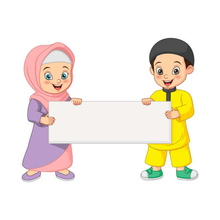 Happy Muslim kid cartoon with blank signのイラスト素材