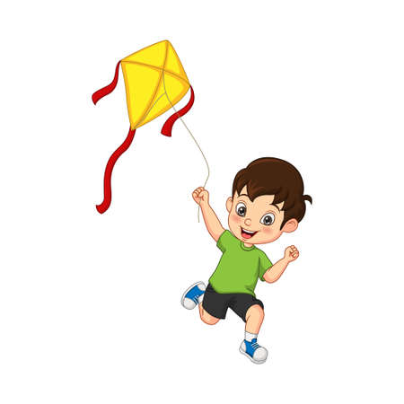 Cartoon happy little boy playing a kiteのイラスト素材