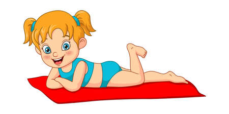 Cartoon little girl sunbathing on a beach matのイラスト素材