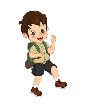 Cartoon boy explorer with backpack waving handのイラスト素材