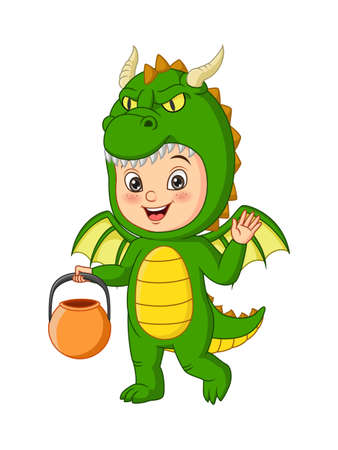 Cartoon little boy wearing dragon costumeのイラスト素材