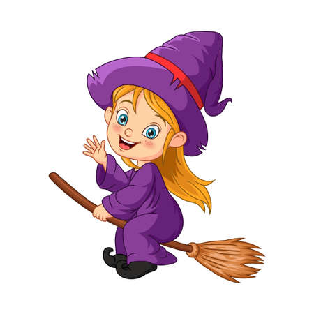 Cartoon Halloween witch girl flying on broomのイラスト素材
