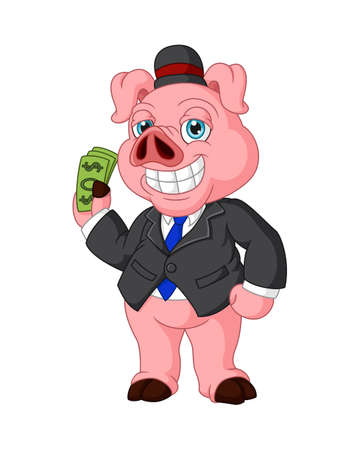 Cartoon pig rich holding a moneyのイラスト素材