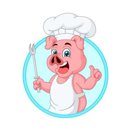 Cartoon little pig chef holding a forkのイラスト素材