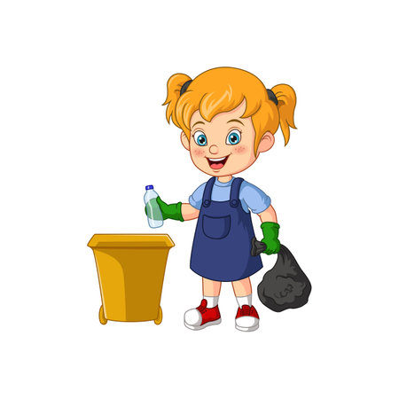Cute little girl throwing plastic bottle into trash binのイラスト素材