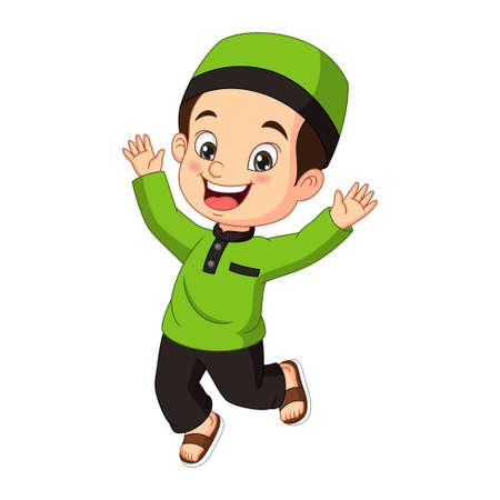 Happy muslim boy cartoon on white backgroundのイラスト素材