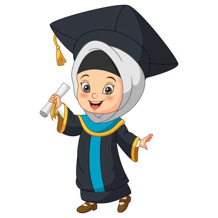 Cartoon little girl in graduation costume holding a diplomaのイラスト素材