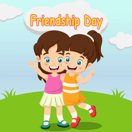 Happy Friendship Day. Happy two girls cartoon in the grassのイラスト素材