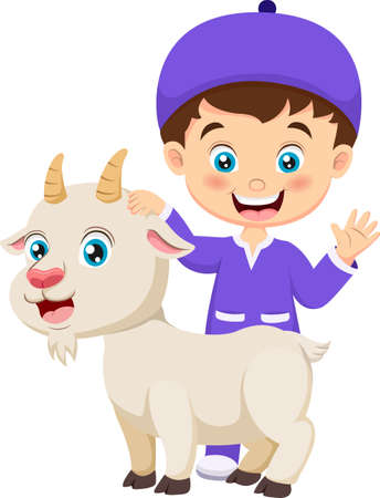 Cute cartoon muslim boy celebrating Eid al Adha with goatのイラスト素材