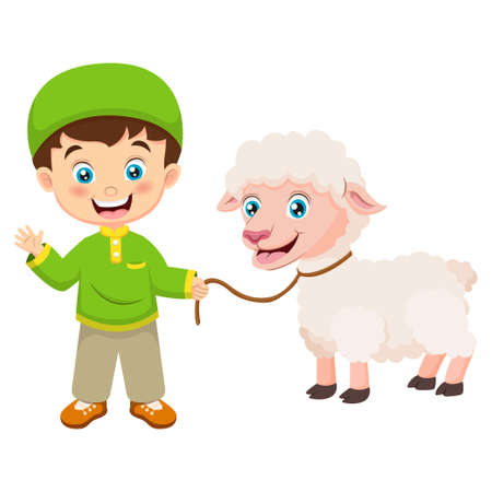 Cute cartoon muslim boy celebrating Eid al Adha with lambのイラスト素材