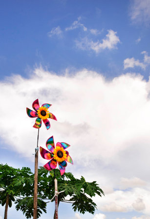 Toy windmill waiting for wind in a sunny day