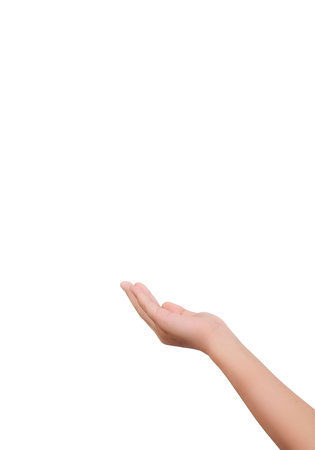 Isolated kid`s hand presenting something in a white backgroundの写真素材