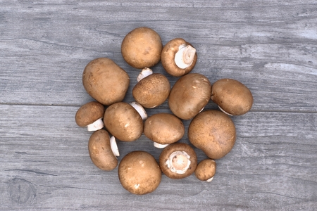 Fresh brown mushrooms on a wooden background.の写真素材