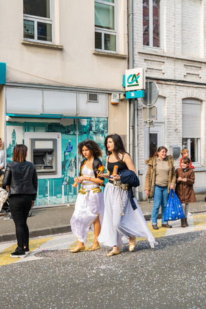 Wattrelos, FRANCE-April 07,2019: Carnival, festival and people in Wattrelos in the north of France.のeditorial素材