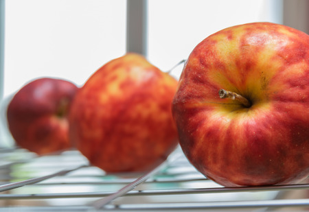 Ripe, colorful mottled apples on a bright background.の写真素材