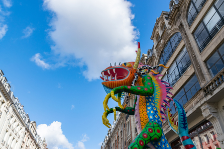 Lille, FRANCE-May 04,2019: Colorful figures on the streets of Lille.Parade opens the fifth season of Lille 3000.のeditorial素材