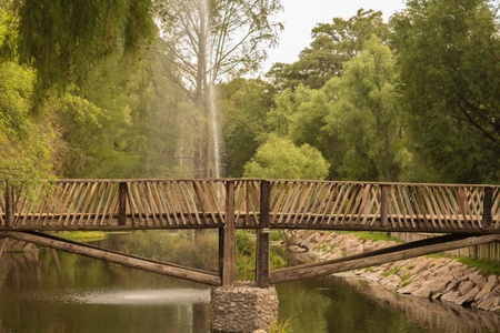 A lake and a wood bridge with a beauty natureの素材