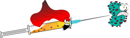 illustration of cloaked syringe as a hero, chasing the , as a cure for humanityの写真素材
