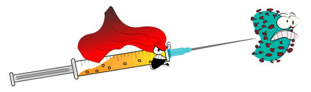 Illustration of a hero cape syringe, chasing , as a cure for humanity.のイラスト素材