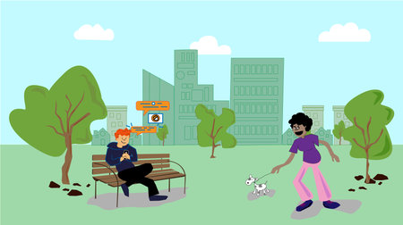 young man sitting on a bench, texting with his love partner. Chat icons. Young black woman, walking in the park with her dog. In the background the city with blue sky and cloudsのイラスト素材