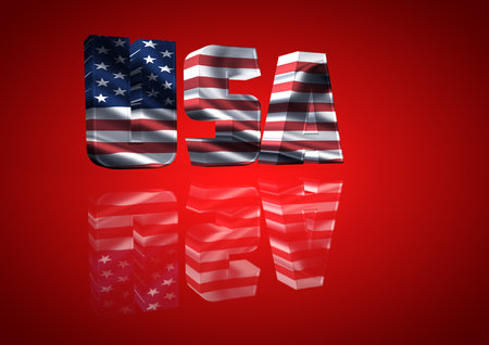 3d render. Lettering and typography with the word USA with American flag pattern and red background. Comic typefaceの写真素材
