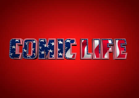 Letters and typography with the word comic life with American flag pattern and red background. Comic...