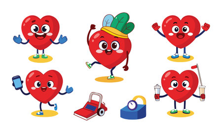 Vector playful featuring animated red heart characters engaged in activities keywords: heart, red, character, cartoon,...のイラスト素材