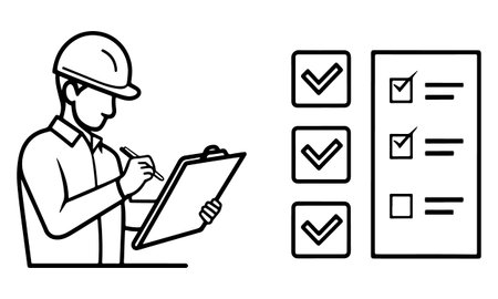 Vector management featuring construction worker with hard hat and checklist clipboard keywords: construction, worker,...のイラスト素材
