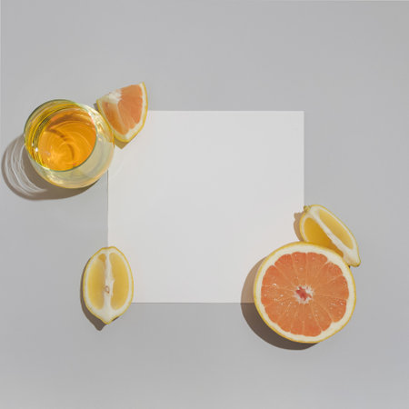Fresh grapefruit and lemon juice on flat layed white paper and grey pastel background. Minimal flat composition.の写真素材