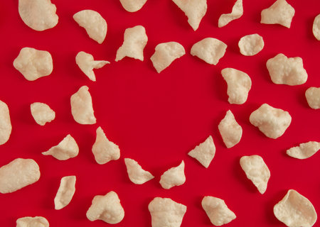 Valentines day heart shaped concept out of white chips on bright red background. Minimal flat lay.の写真素材