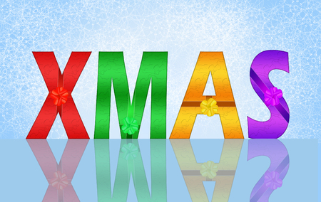 Colorful Christmas card with XMAS letters wrapped in ribbons with flower buds and a reflection.の写真素材