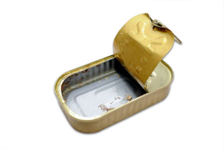 Opened and empty can of sardines-mackerel on a white background