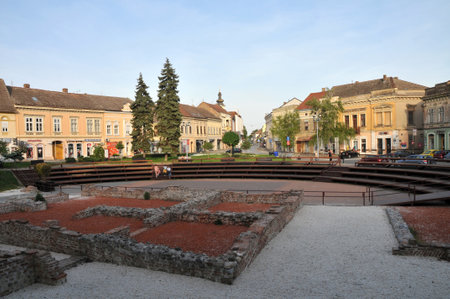 Sremska Mitrovica, Serbia - May 08, 2022:  City Square in Sremska Mitrovica (in Roman empire was known as Sirmium, in the province of Pannonia, and was one of empire capitals), with an old building as a cultural monument of a great importanceのeditorial素材