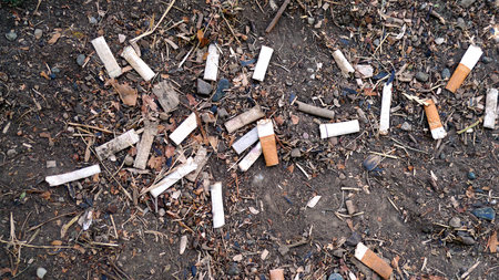 Close-up full frame view of a pile of discarded cigarette butts on the ground-16:9 view
