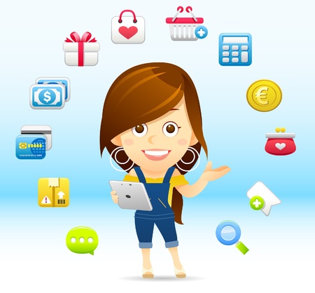 Shopping Lady with tablet PCのイラスト素材
