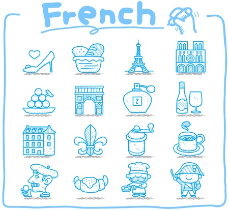 Hand drawn French,Europe,travel,landmark icon setのイラスト素材