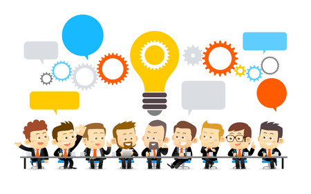 Vector illustration of Team Working In Office.Successful Business Partners Discussing Ideas under big gear, speech bubble and lightbulb At Meeting . Caucasian People.のイラスト素材