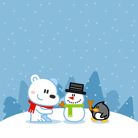 Vector illustration - Polar bear, penguin playing with snowmanのイラスト素材