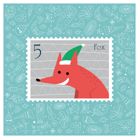 Christmas beautiful cheerful cute stamp with fox. Vector illustrationのイラスト素材