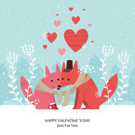 Cute fox Valentines day card. Vector illustration.のイラスト素材