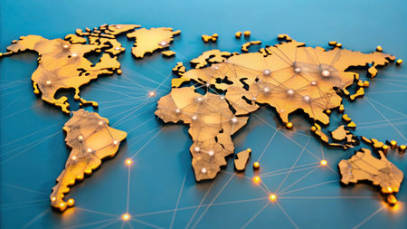 World Map with glowing connections on blue background. 3D rendering.