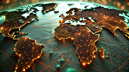 World map with glowing lines and dots. 3D illustration. Network concept.